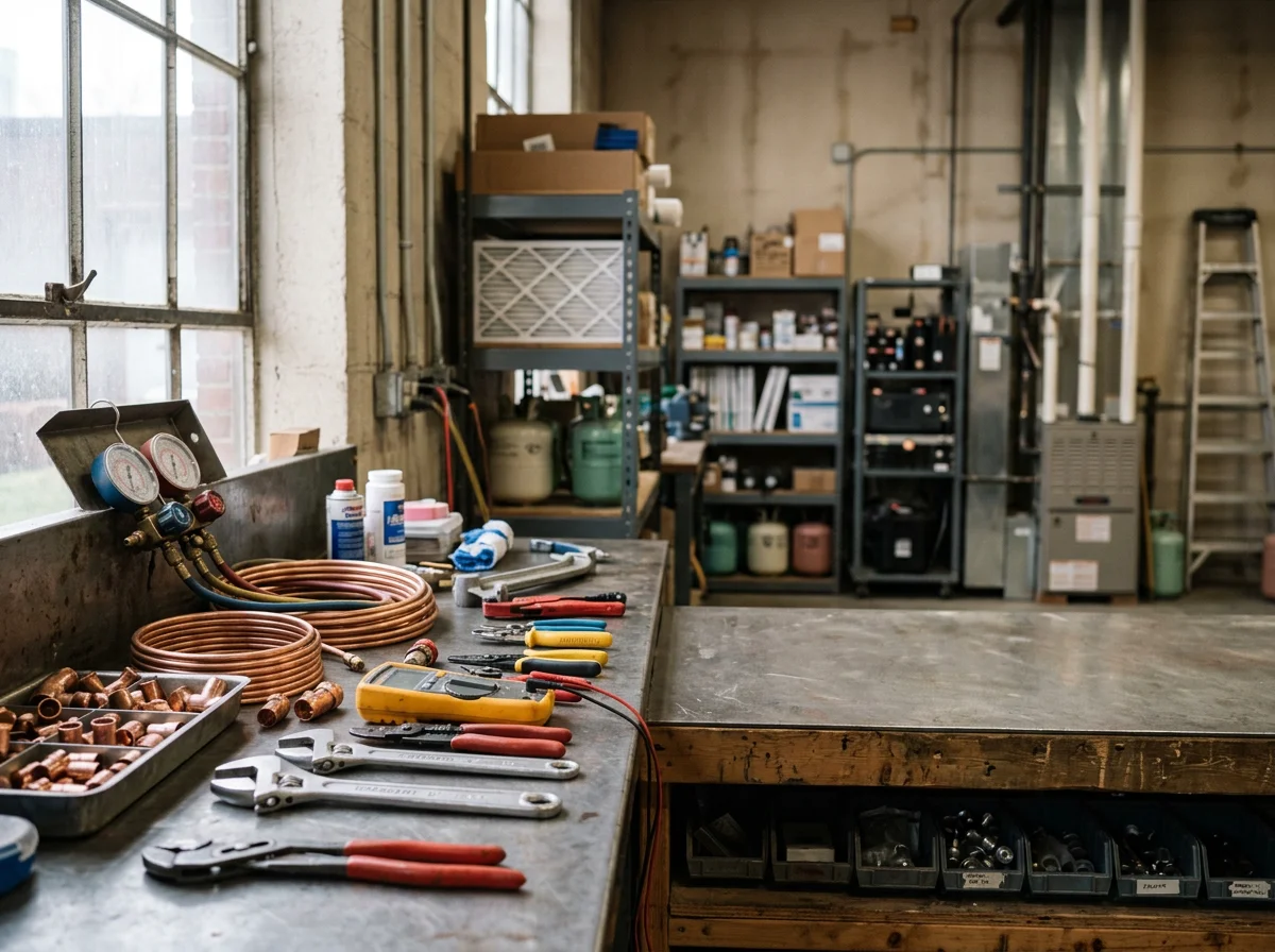 Professional HVAC and plumbing tools arranged on a workbench, representing the range of home service expertise.