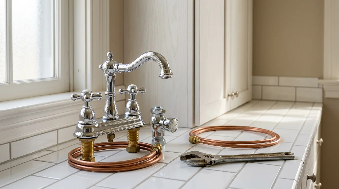 Plumber installing new faucet in kitchen sink