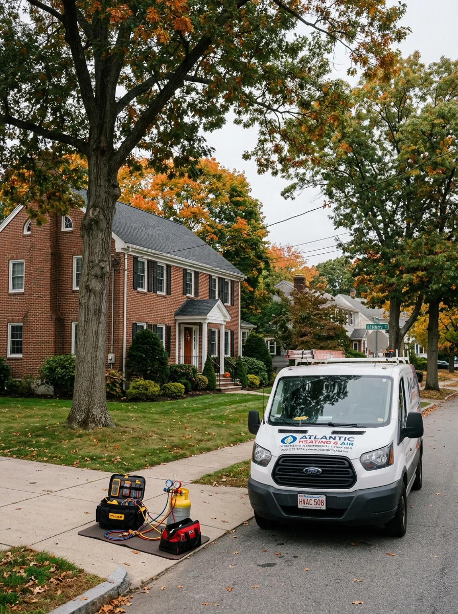A professional crew member in work attire standing in front of an Attleboro home, ready to assist.
