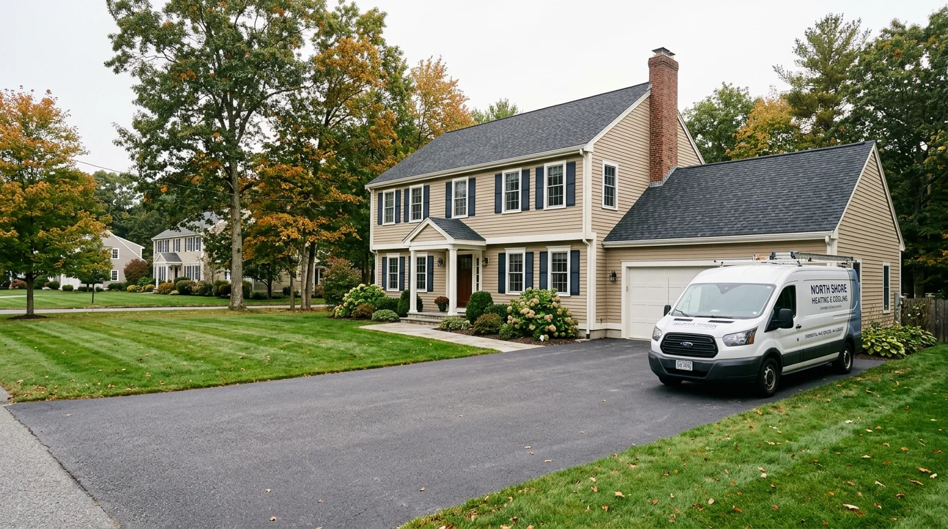 A well-maintained two-story colonial home in Bellingham with a manicured front lawn and mature trees lining the driveway.