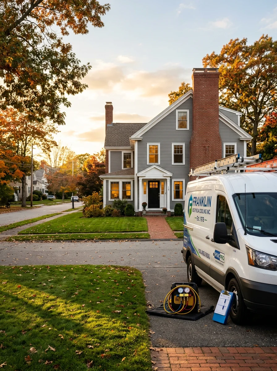 A crew member in professional attire standing in front of a Franklin home, ready to assist.