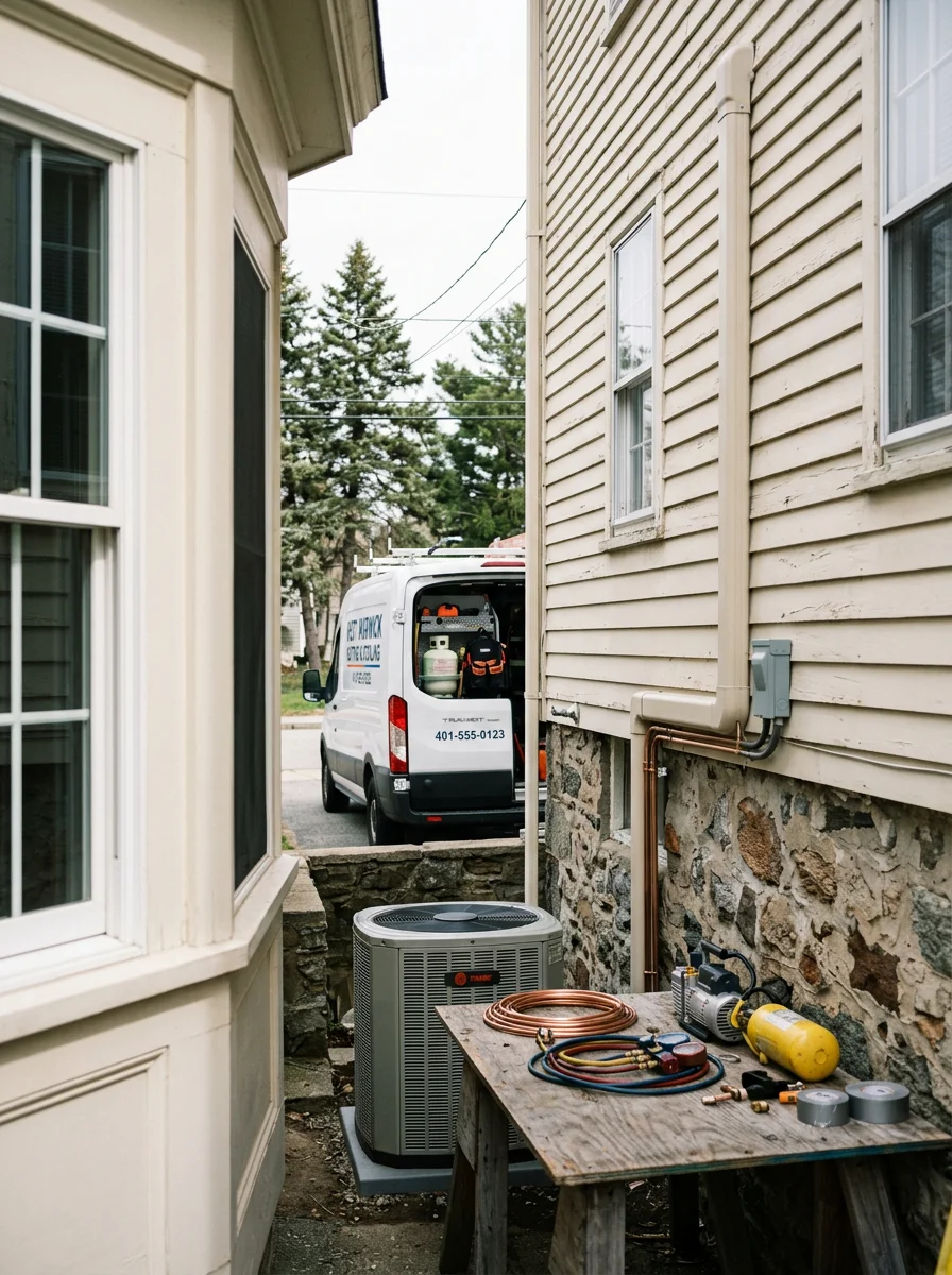 A professional contractor in work attire on a West Warwick property, displaying professionalism and readiness.