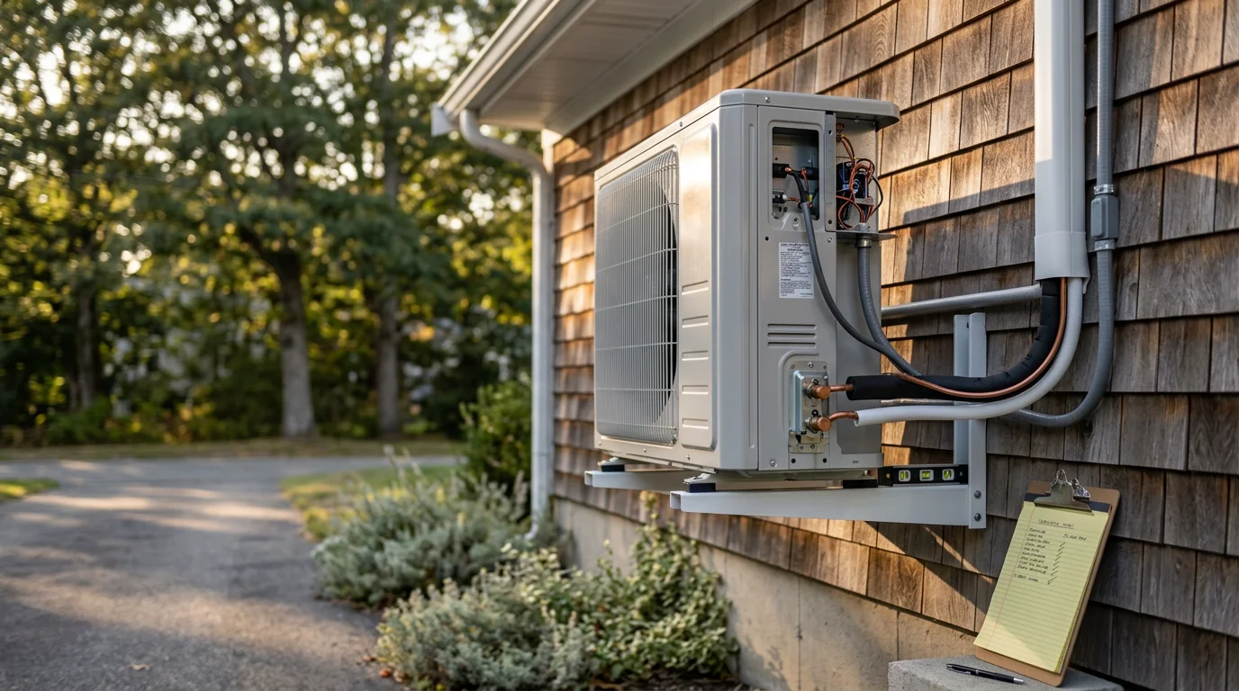 A new central air conditioning condenser unit installed on a concrete pad beside a single-family home in Bellingham, Massachusetts. A Reign Home Services technician checks the refrigerant connections on a warm summer day.