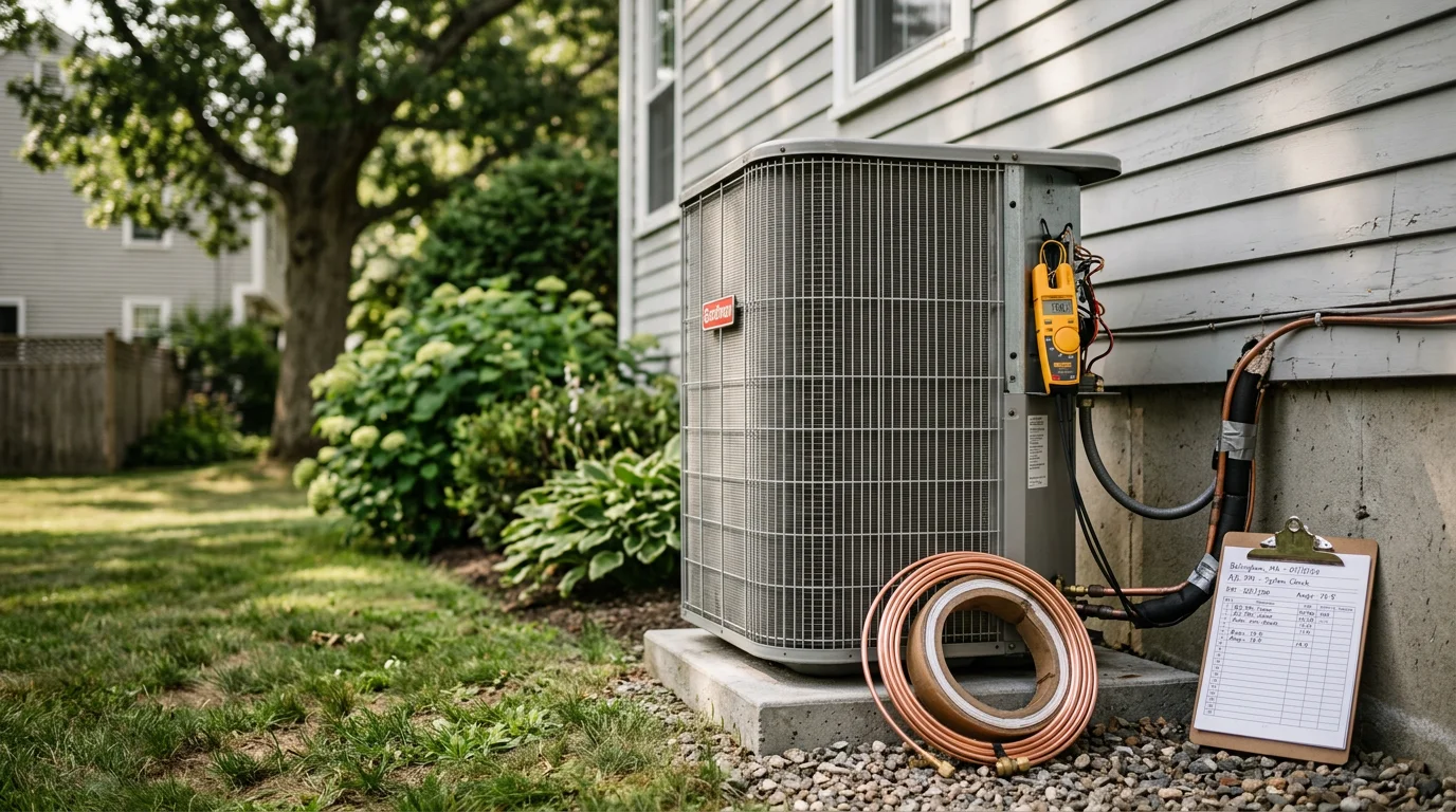 A Reign Home Services HVAC technician performing AC maintenance on a central air conditioning unit outside a residential home in Bellingham, Massachusetts. The technician inspects the condenser coils on a warm summer day in a suburban Bellingham neighborhood.