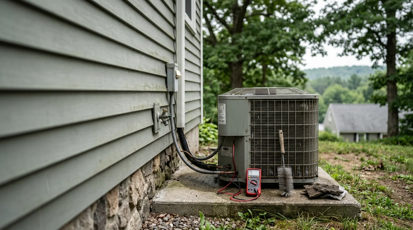 A Reign Home Services HVAC technician inspecting an outdoor AC condenser unit at a Cape Cod-style home in Bellingham, Massachusetts. The technician is checking internal components on a clear summer day.