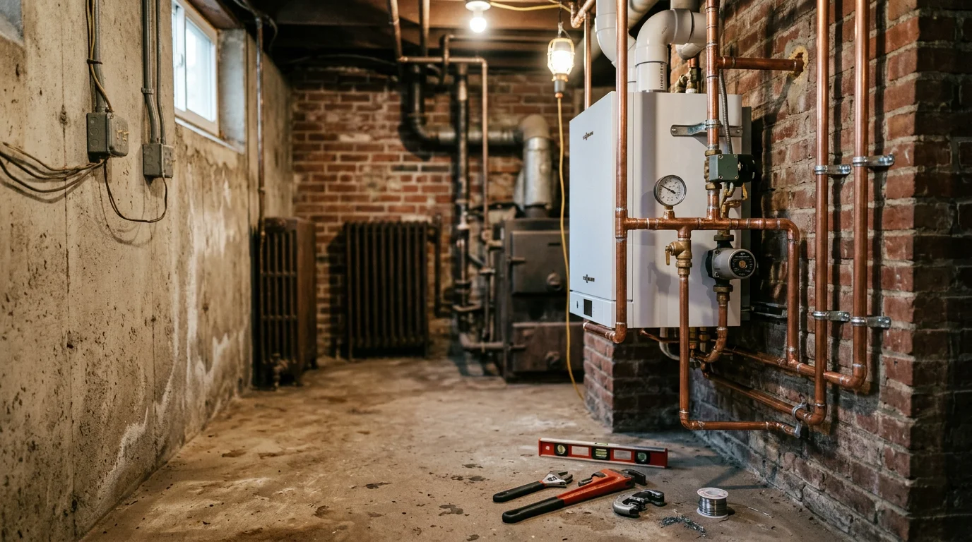 A newly installed residential boiler connected to copper piping and hydronic baseboard lines in the utility room of a single-family home in Bellingham, Massachusetts. The unit is mounted against a concrete wall with clean pipe runs and labeled shutoff valves.