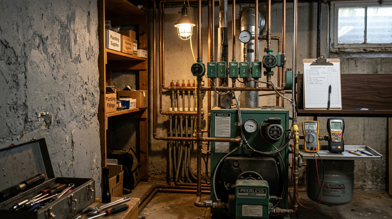 A heating contractor inspecting a residential boiler system in a Bellingham, Massachusetts home, checking pressure gauges and pipe connections. The boiler is mounted in a utility room typical of a Norfolk County colonial-style house.