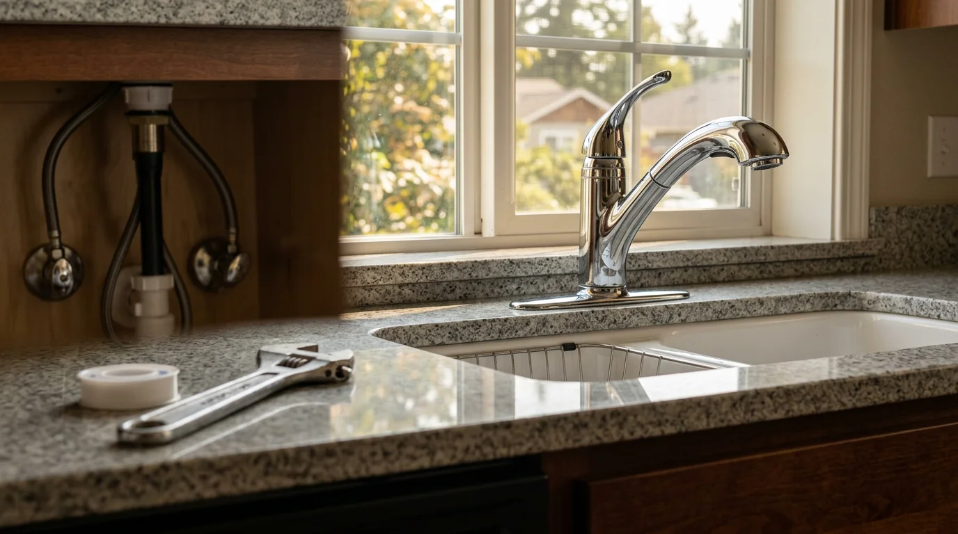 A newly installed kitchen faucet on a single-family home sink in Bellingham, Massachusetts, with clean supply line connections visible beneath the cabinet. A licensed plumber from Reign Home Services checks the fixture for leaks after completing the installation.