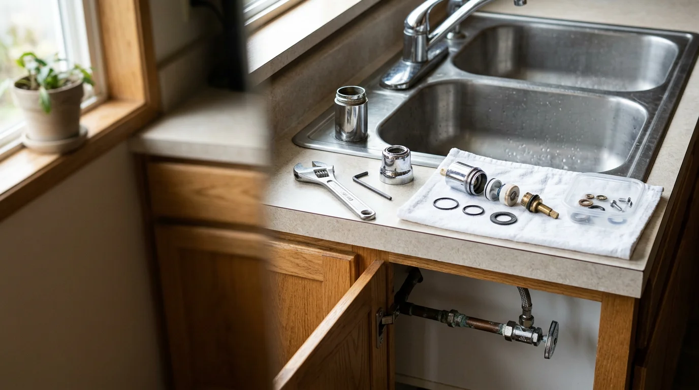 A licensed plumber repairing a kitchen faucet under the sink in a Bellingham, Massachusetts home. The work area shows supply line connections and a replacement cartridge laid out on a cloth beside the cabinet.