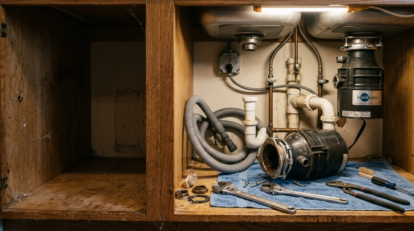 A licensed plumber disconnecting a garbage disposal unit from the drain line under a kitchen sink in a Bellingham, Massachusetts home. The cabinet beneath the sink is open, showing the mounting assembly and drain connections being removed.