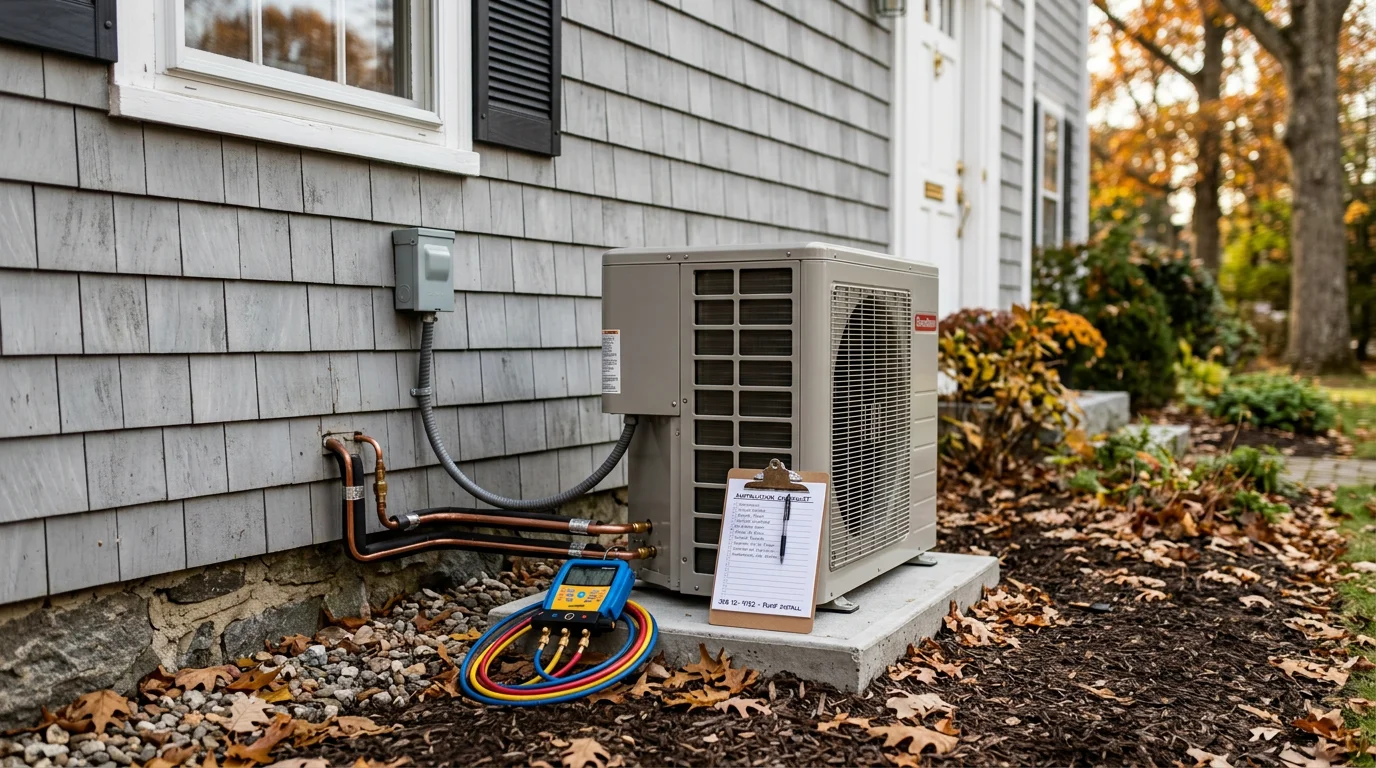 A newly installed heat pump outdoor unit mounted on a concrete pad beside a two-story home in Bellingham, Massachusetts. Snow is visible on the ground, showing the system installed for cold-weather operation.