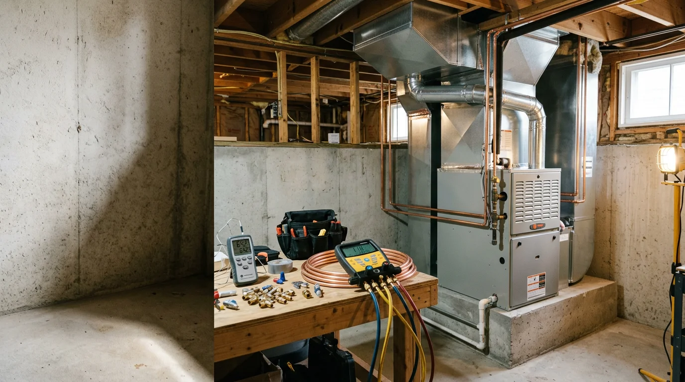 A newly installed residential heating system in a Bellingham, Massachusetts home, with clean connections and properly routed ductwork visible in a utility room. A Reign Home Services technician inspects the finished installation.