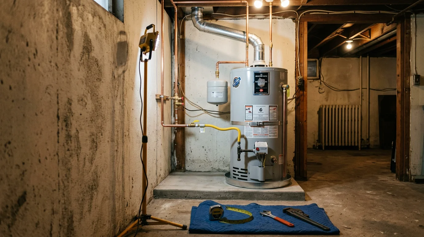 A newly installed hot water heater in the basement utility area of a single-family home in Bellingham, Massachusetts, with clean copper supply lines and updated venting connections. A Reign Home Services technician inspects the completed installation.