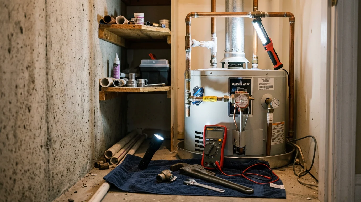 A heating contractor inspecting a residential water heater in a utility room of a Bellingham, Massachusetts home. The technician checks connections and components on a tank-style unit mounted against an interior wall.