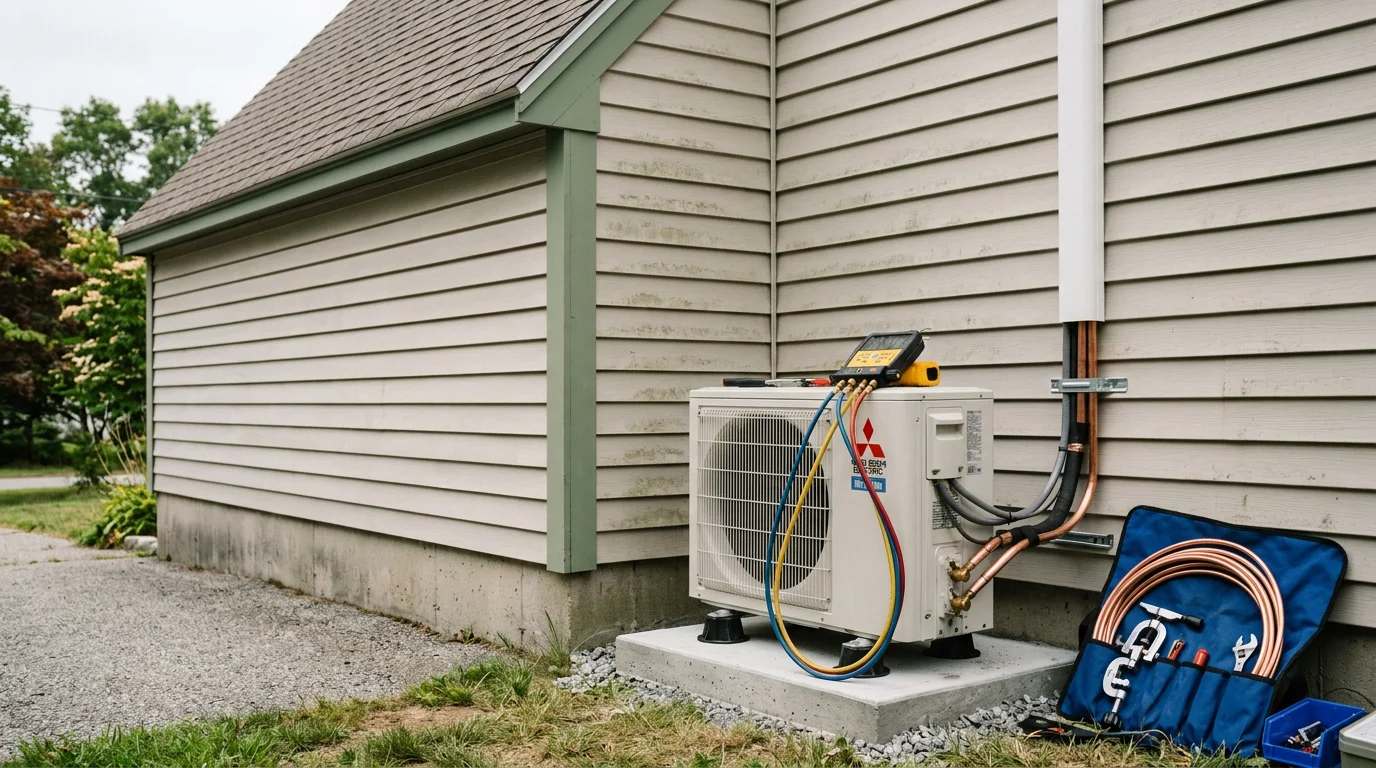 A wall-mounted ductless mini split indoor air handler installed in a living room of a Cape-style home in Bellingham, Massachusetts. The outdoor condenser unit sits on a pad beside the home's exterior wall with refrigerant lines routed cleanly through the siding.