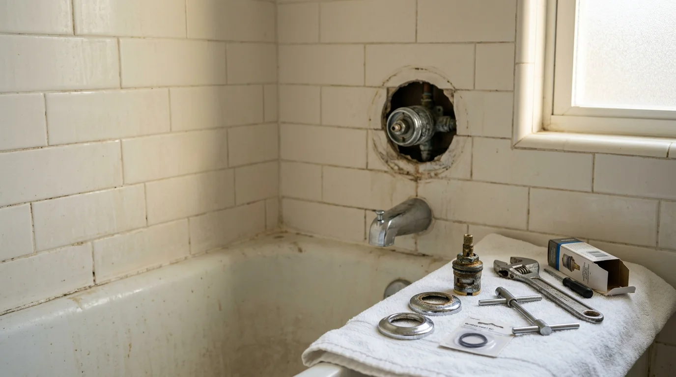 A licensed plumber repairing a shower valve inside a bathroom wall in a Bellingham, Massachusetts home. The valve cartridge and surrounding fittings are visible with tools laid out on the tile surround.