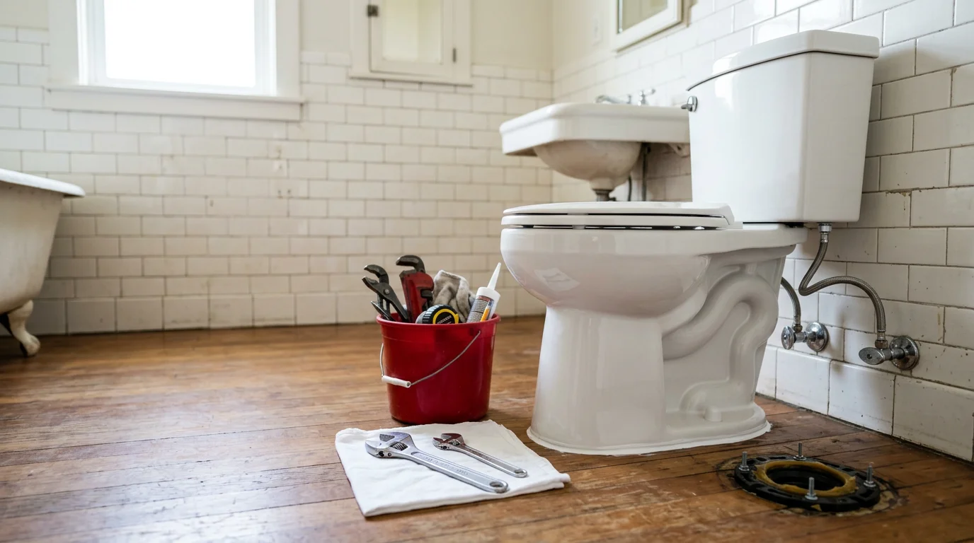 A newly installed white toilet in a residential bathroom in Bellingham, Massachusetts, with a clean wax ring seal and connected water supply line. A licensed plumber from Reign Home Service checks the base connection to confirm no leaks before completing the job.
